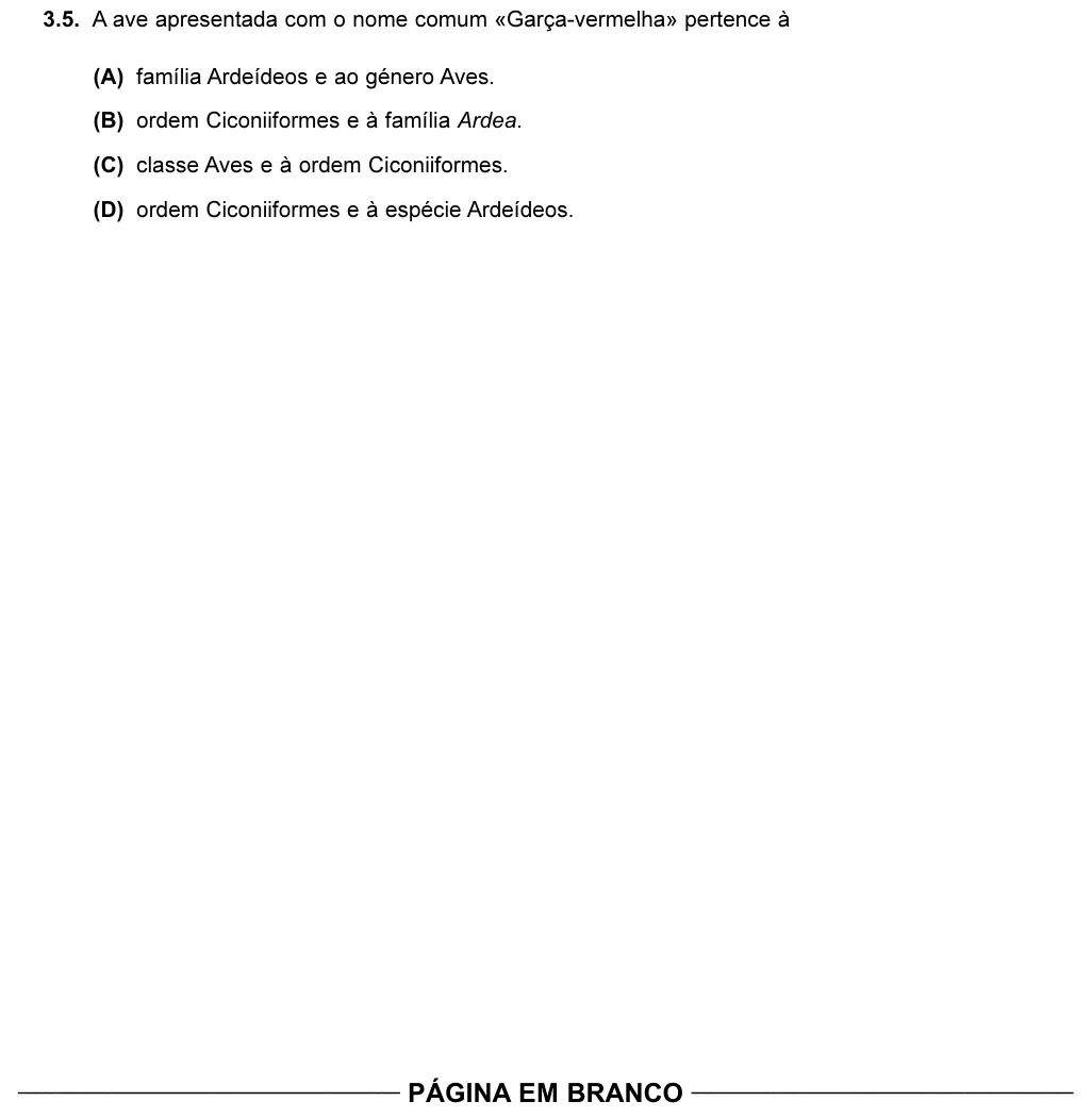 Exercise Part I · 3.5 — 3.5. A ave apresentada com o nome comum «Garça-vermelha» pertence à (A) família Ardeídeos e ao género Aves. (B) ordem Ciconiiformes e à família Ardea. (C) classe Aves e à ordem Ciconiiformes. (D) ordem Ciconiiformes e à…