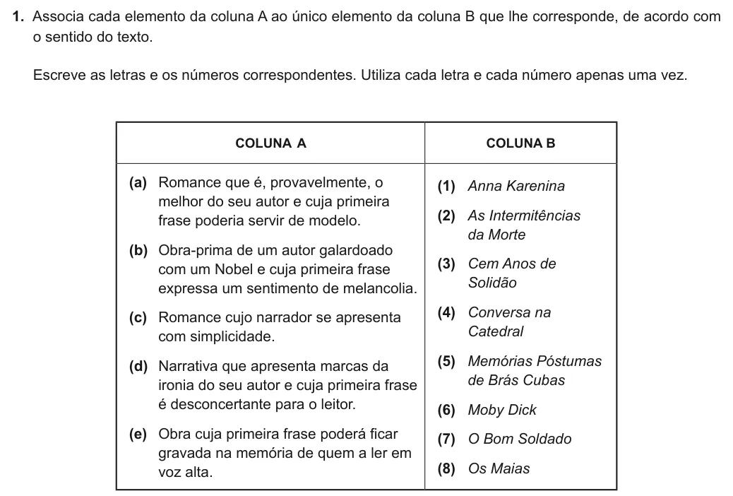 Exercise Part I · 1 — 1. Associa cada elemento da coluna A ao único elemento da coluna B que lhe corresponde, de acordo com o sentido do texto. Escreve as letras e os números correspondentes. Utiliza cada letra e cada número apenas uma vez.…