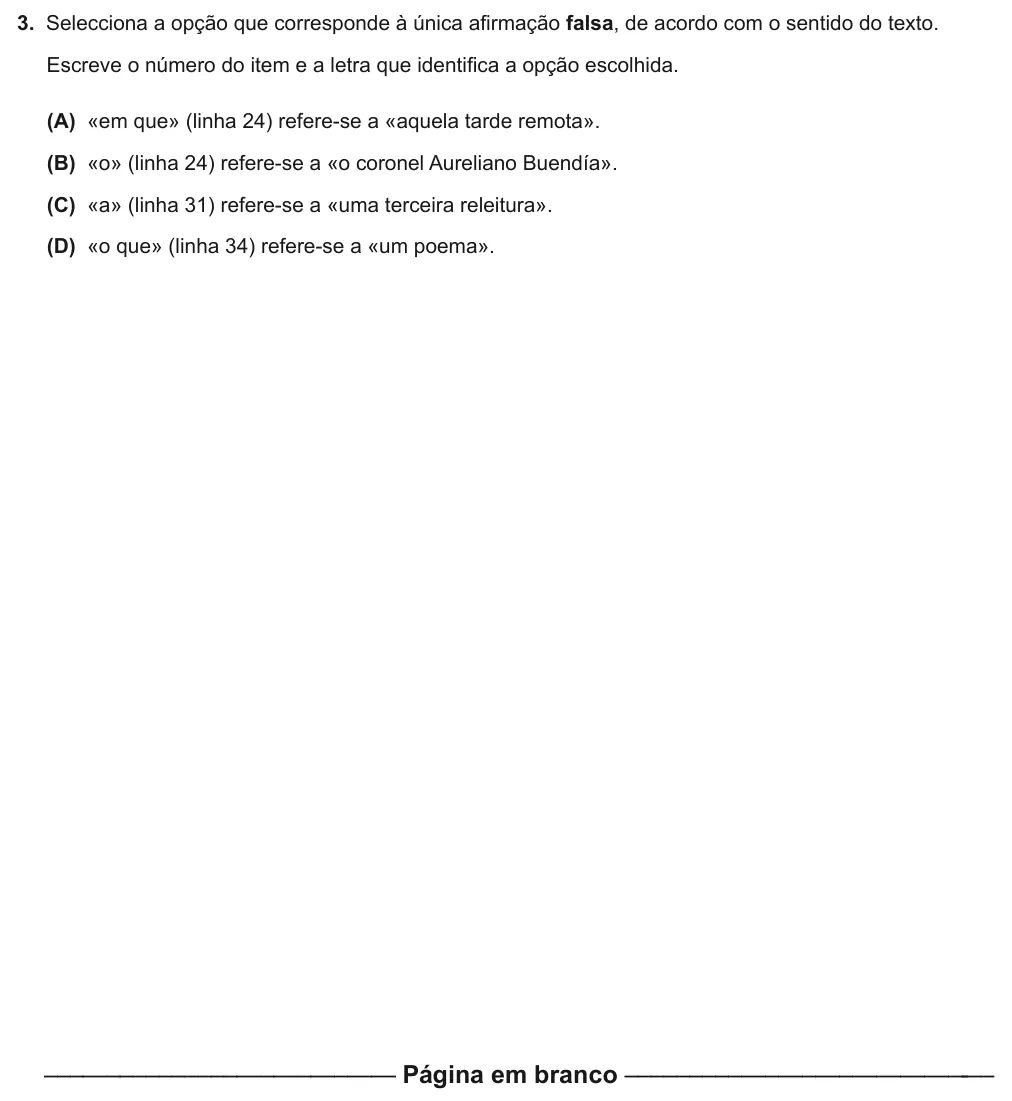Exercise Part I · 3 — 3. Selecciona a opção que corresponde à única afirmação falsa, de acordo com o sentido do texto. Escreve o número do item e a letra que identifica a opção escolhida. (A) «em que» (linha 24) refere-se a «aquela tarde…