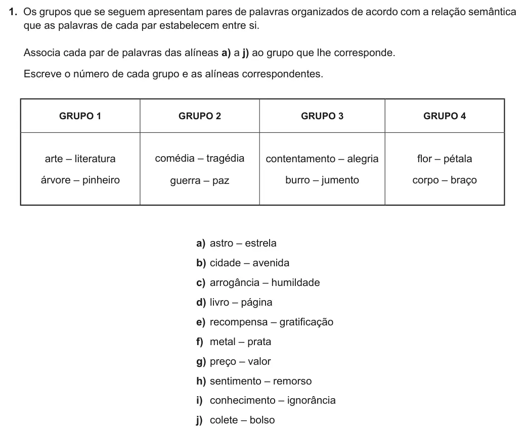 Exercise Part III · 1 — 1. Os grupos que se seguem apresentam pares de palavras organizados de acordo com a relação semântica que as palavras de cada par estabelecem entre si. Associa cada par de palavras das alíneas a) a j) ao grupo que lhe…