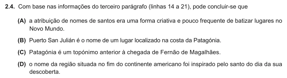 Exercise Part I · 2.4 — 2.4. Com base nas informações do terceiro parágrafo (linhas 14 a 21), pode concluir-se que (A) a atribuição de nomes de santos era uma forma criativa e pouco frequente de batizar lugares no Novo Mundo. (B) Puerto San…