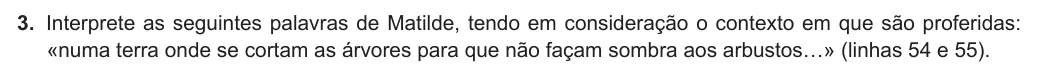 Exercise Part I · 3 — 3. Interprete as seguintes palavras de Matilde, tendo em consideração o contexto em que são proferidas: «numa terra onde se cortam as árvores para que não façam sombra aos arbustos…» (linhas 54 e 55).
