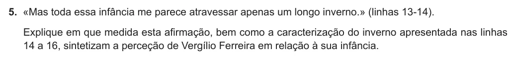 Exercise Part I · 5 — 5. «Mas toda essa infância me parece atravessar apenas um longo inverno.» (linhas 13-14). Explique em que medida esta afirmação, bem como a caracterização do inverno apresentada nas linhas 14 a 16, sintetizam a perceção…